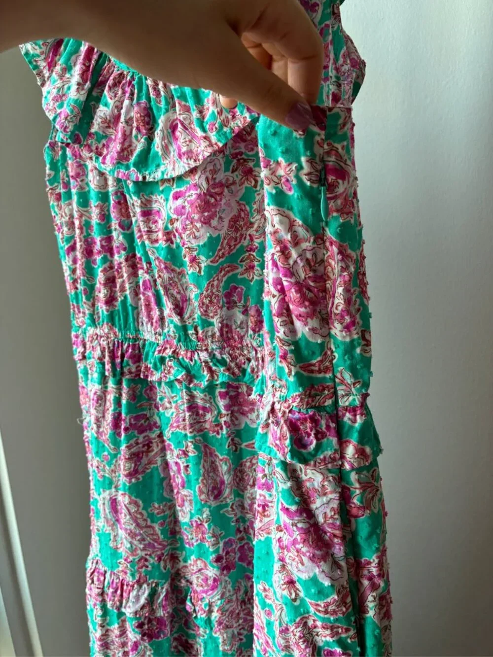 J. Crew	Floral Ruffle Tiered Pink and Green Midi Dress - Size 20